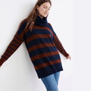 Madewell Engelhart Striped Turtleneck Wool Cotton Blend Sweater Brown Navy XS
